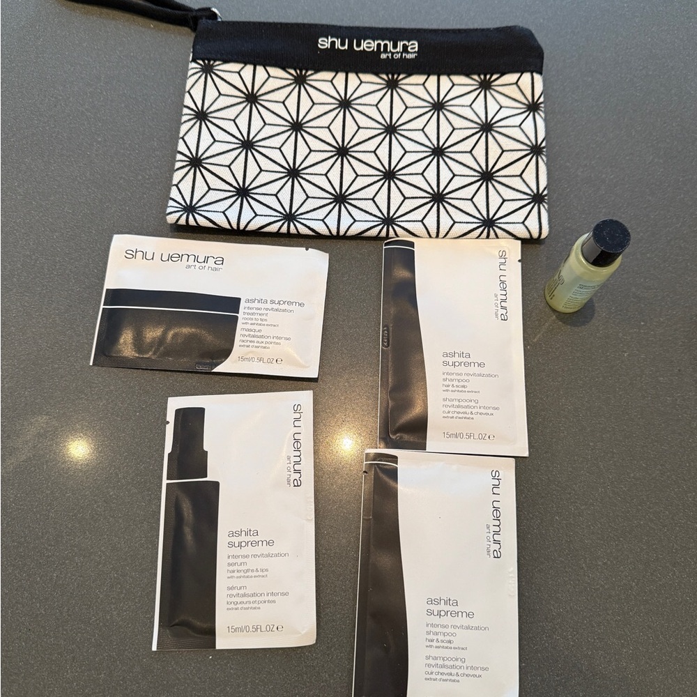Shu Uemura Cosmetic Case w/ Essence Absolue Hair Oil and Ashita Supreme samples